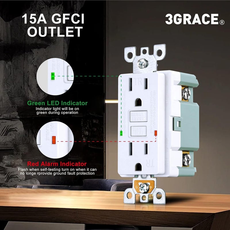 3GRACE 15 Amp GFCI Outlet, Tamper-Resistant GFI Receptacle with LED Indicator, Self-Test Ground Fault Circuit Interrupter, Decorator Wall Plates and Screws Included, UL Listed, White（1 Pack） - Image 4